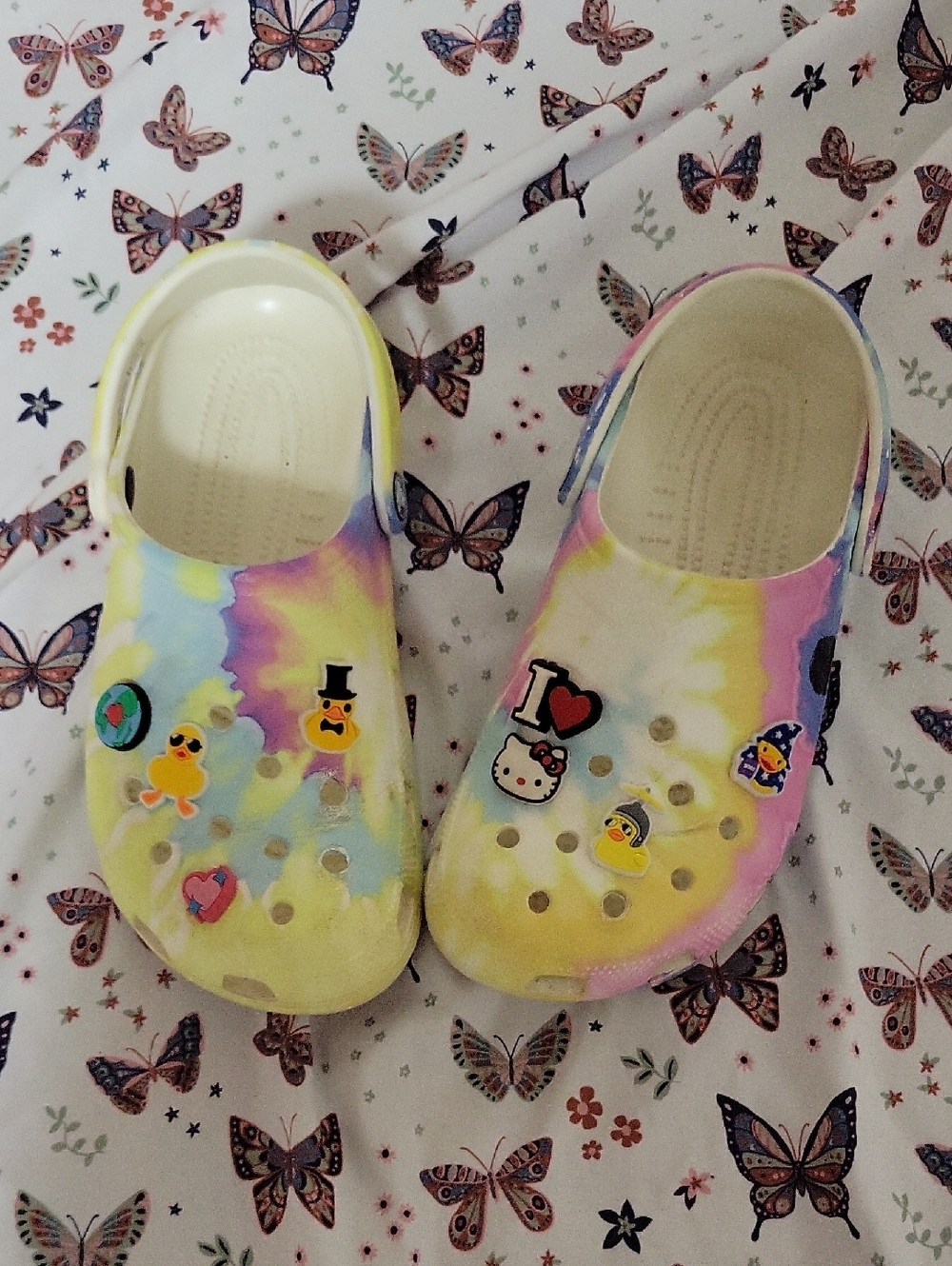 CROCS Women's Tie-Dye Slip-On Clogs in Yellow Pink Blue with Charms